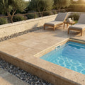 English Walnut Travertine Coping 12x12 Unfilled Bullnose 2 inch pool coping — Swimming Pool pool edge drop-face coping