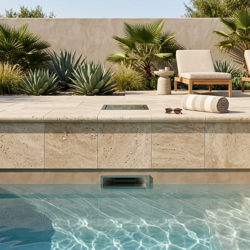 English Walnut Travertine Coping 12x12 Unfilled Bullnose 2 inch pool coping — Swimming Pool remodel pool edge