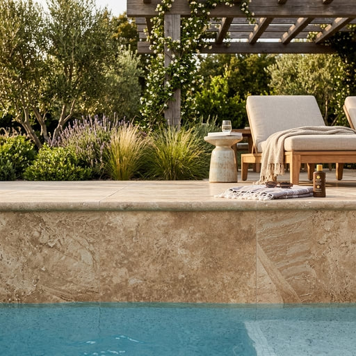 English Walnut Travertine Coping 12x18 Tumbled Double Bullnose 1.25 inch 16x24 pool coping — Swimming Pool remodel pool edge