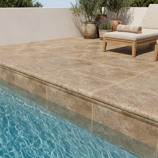 English Walnut Travertine Coping 12x18 Tumbled Double Bullnose 2 inch 16x24 pool coping — Swimming Pool pool edge drop-face coping
