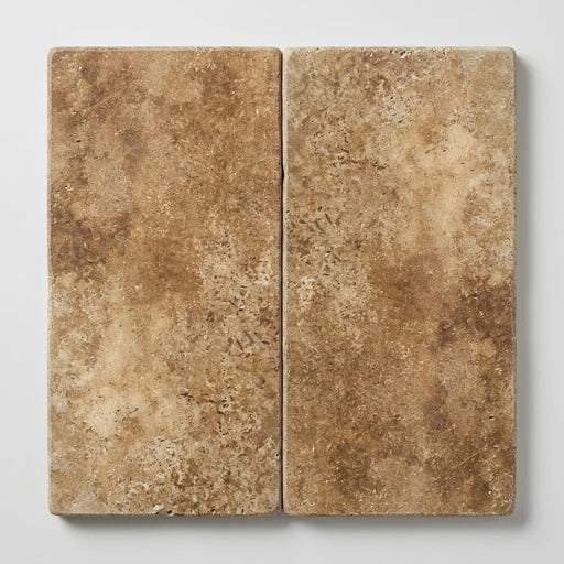 English Walnut Travertine Coping 12x24 Tumbled Bullnose 1.25 inch close-up