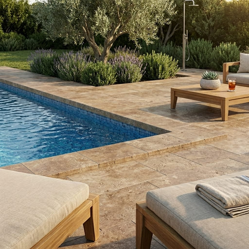 English Walnut Travertine Coping 12x24 Tumbled Bullnose 1.25 inch pool coping — Swimming Pool pool edge drop-face coping