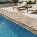 English Walnut Travertine Coping 12x24 Tumbled Bullnose 1.25 inch pool coping — Swimming Pool remodel pool edge