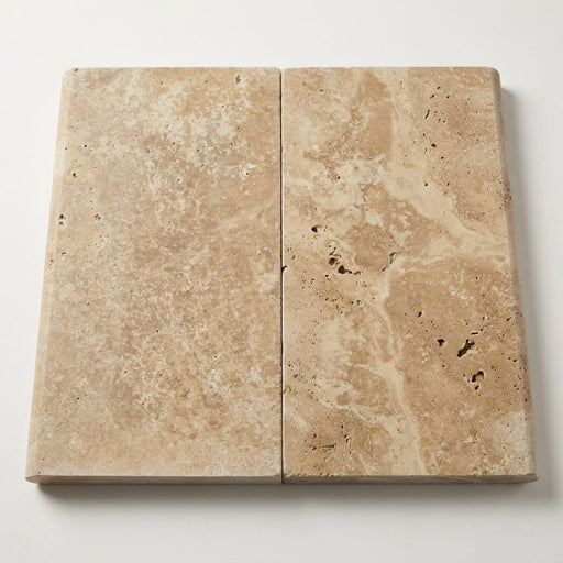 English Walnut Travertine Coping 12x24 Tumbled Bullnose 2 inch close-up