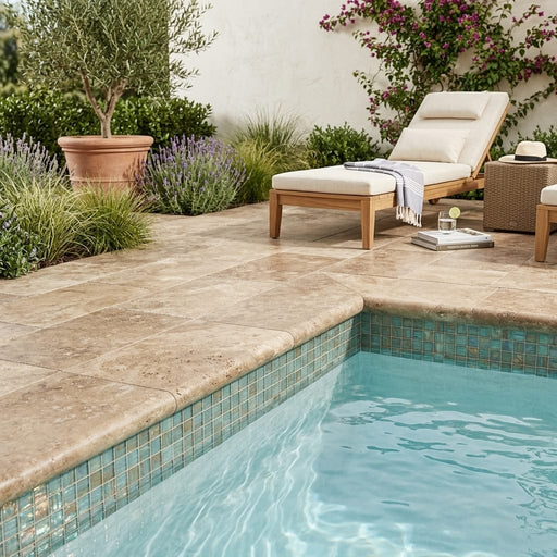 English Walnut Travertine Coping 12x24 Tumbled Bullnose 2 inch pool coping — Swimming Pool pool edge drop-face coping