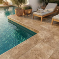 English Walnut Travertine Bullnose Coping 12x24 Unfilled Honed 1.25 inch pool coping — Swimming Pool pool edge drop-face coping