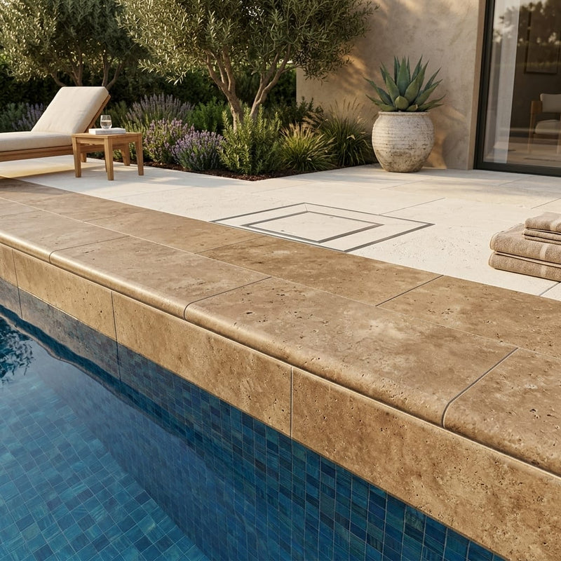 English Walnut Travertine Bullnose Coping 12x24 Unfilled Honed 1.25 inch pool coping — Swimming Pool remodel pool edge