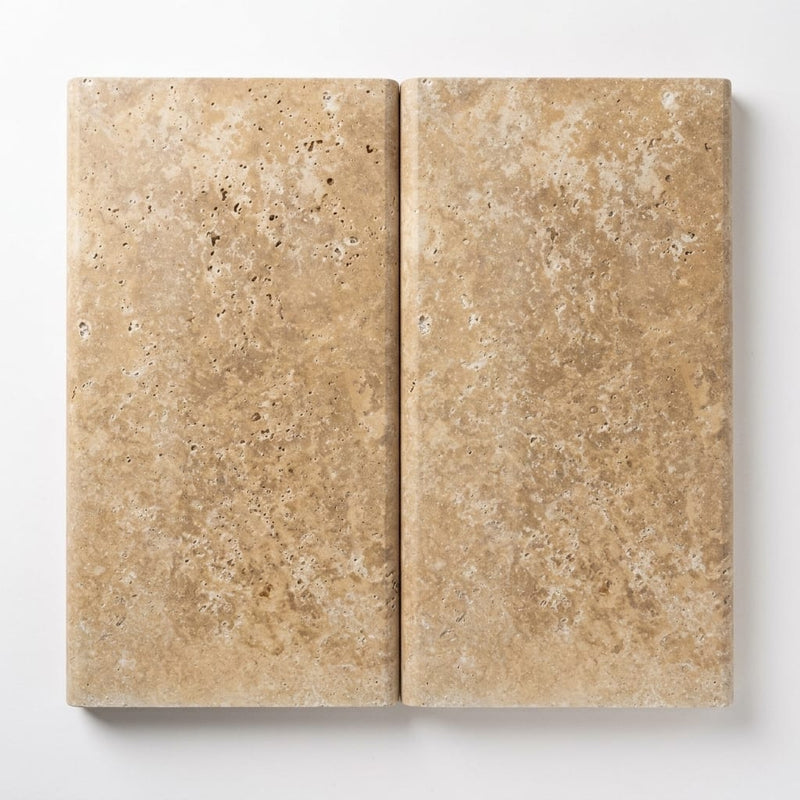 English Walnut Travertine Coping 12x24 Unfilled, Honed Bullnose 2 inch close-up