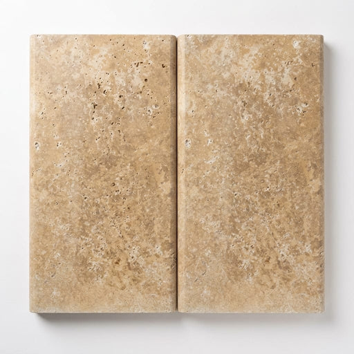 English Walnut Travertine Coping 12x24 Unfilled, Honed Bullnose 2 inch close-up