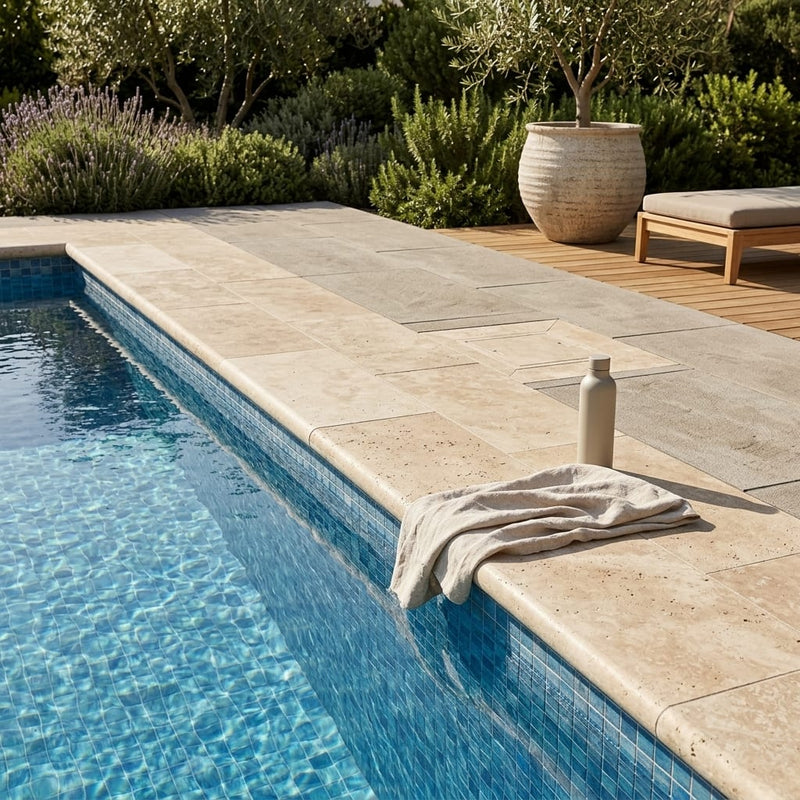 English Walnut Travertine Coping 12x24 Unfilled, Honed Bullnose 2 inch pool coping — Swimming Pool remodel pool edge