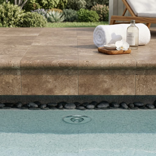 Travertine Coping English Walnut 16x24 Unfilled Bullnose Honed pool coping — Spa spa overhang edge