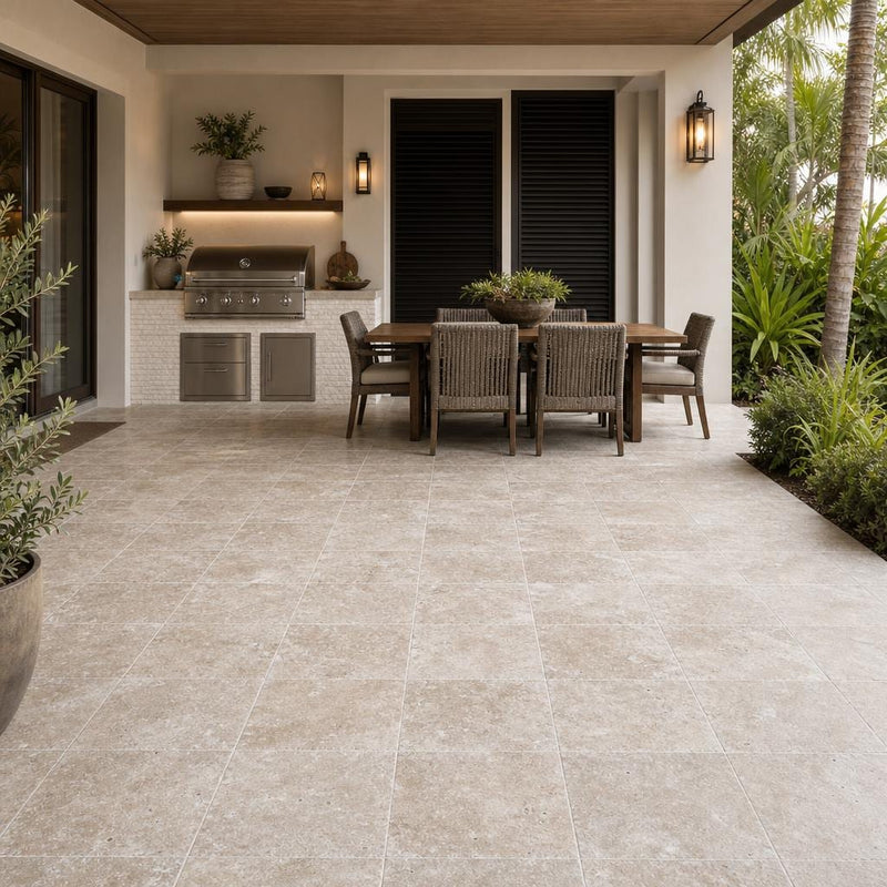 English Walnut Travertine Paver 12x12 Tumbled 1.25 inch — Backyard patio