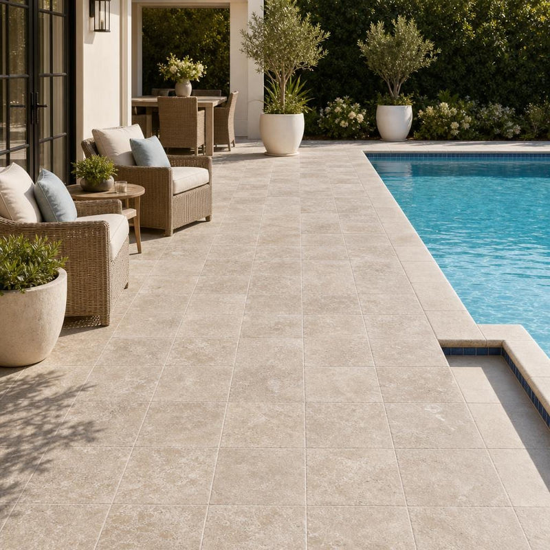 English Walnut Travertine Paver 12x12 Tumbled 1.25 inch — Backyard pool deck