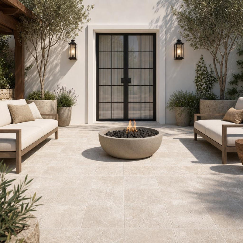 English Walnut Travertine Paver 12x12 Tumbled 1.25 inch — Courtyard paving