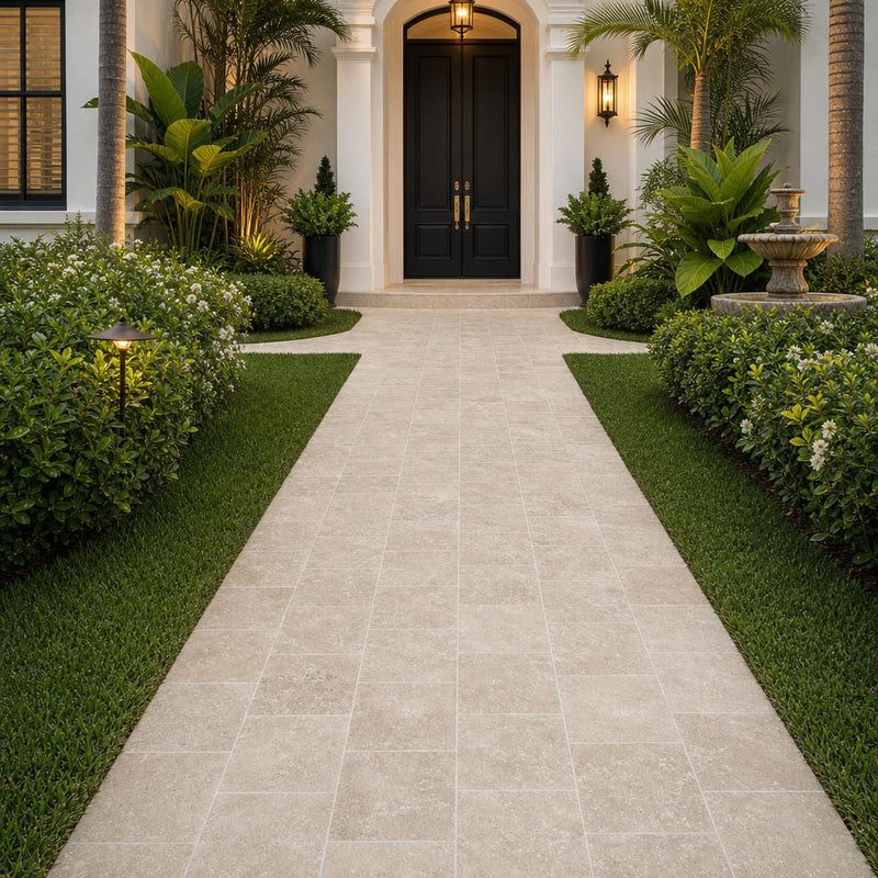 English Walnut Travertine Paver 12x12 Tumbled 1.25 inch — Front Yard walkway