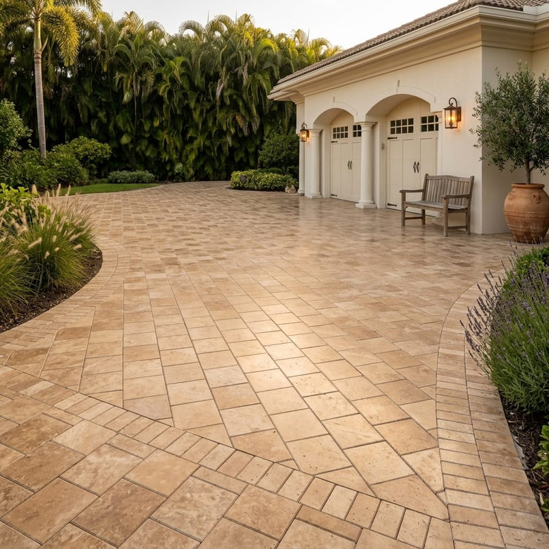 Solidshape English Walnut Travertine Paver - 12x12in — Front Yard driveway