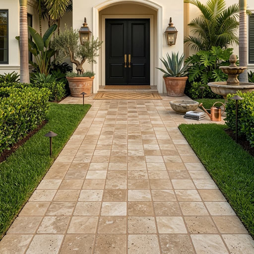Solidshape English Walnut Travertine Paver - 12x12in — Front Yard walkway