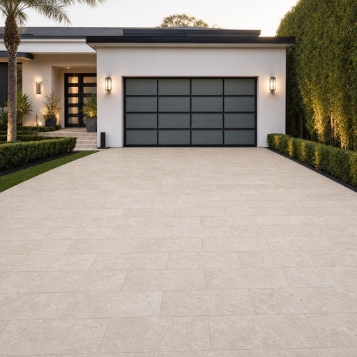 English Walnut Travertine Paver 12x24 Tumbled 2 inch — Front Yard driveway