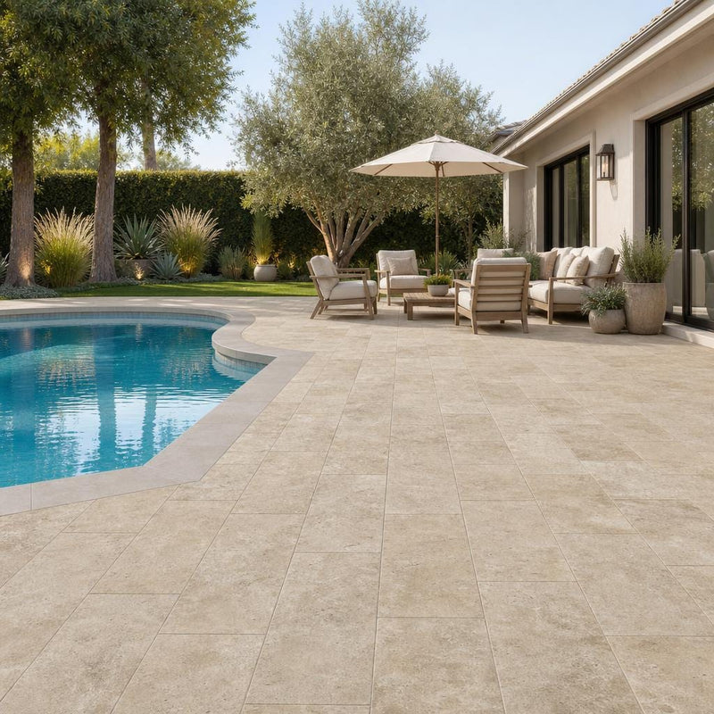 English Walnut Travertine Paver 12x24 Unfilled, Honed 2 inch — Backyard pool deck