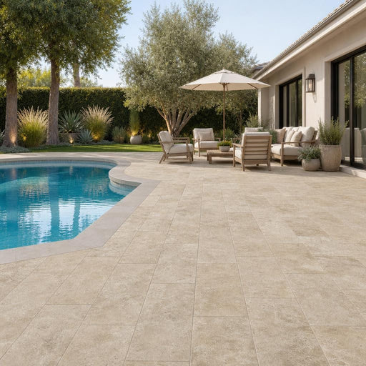 English Walnut Travertine Paver 12x24 Unfilled, Honed 2 inch — Backyard pool deck
