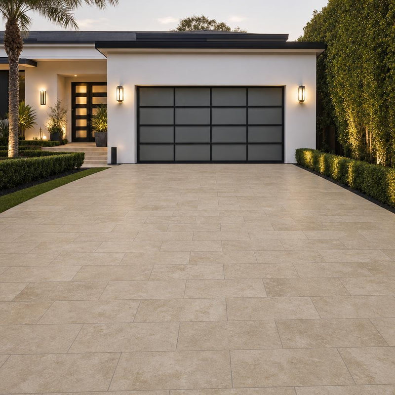 English Walnut Travertine Paver 12x24 Unfilled, Honed 2 inch — Front Yard driveway
