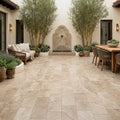 English Walnut Travertine Paver - Unfilled, Honed Beveled, 12x24 — Courtyard paving