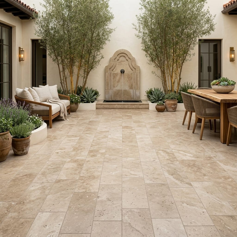 English Walnut Travertine Paver - Unfilled, Honed Beveled, 12x24 — Courtyard paving