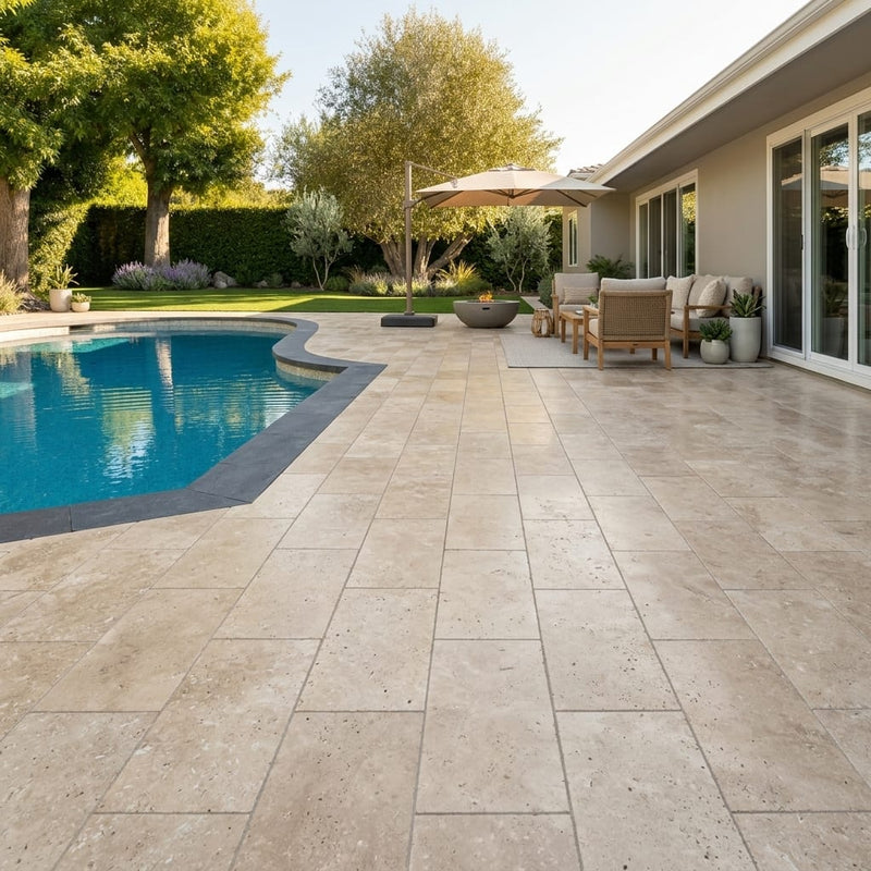 Travertine Paver English Walnut 12x24 Unfilled Honed Beveled — Backyard pool deck