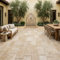 Travertine Paver English Walnut 12x24 Unfilled Honed Beveled — Courtyard paving
