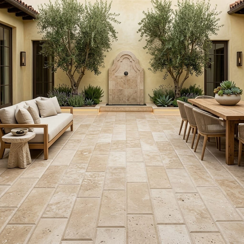 Travertine Paver English Walnut 12x24 Unfilled Honed Beveled — Courtyard paving