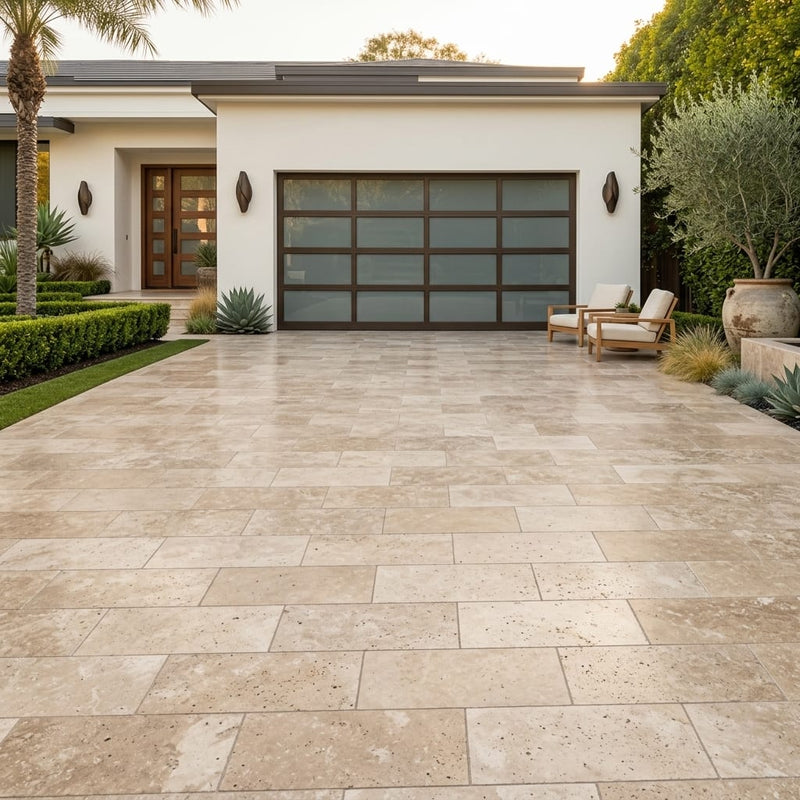 Travertine Paver English Walnut 12x24 Unfilled Honed Beveled — Front Yard driveway