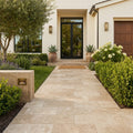 Travertine Paver English Walnut 12x24 Unfilled Honed Beveled — Front Yard walkway