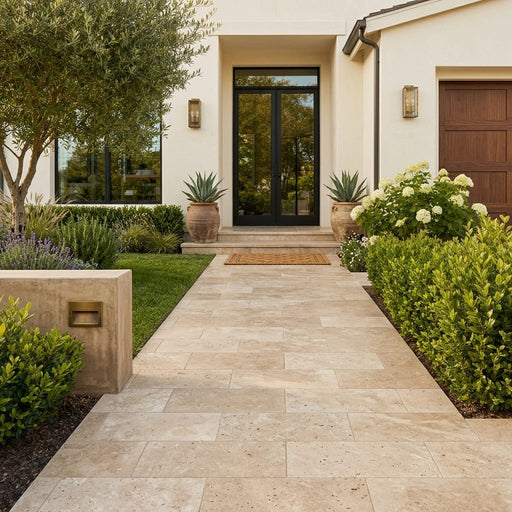 Travertine Paver English Walnut 12x24 Unfilled Honed Beveled — Front Yard walkway