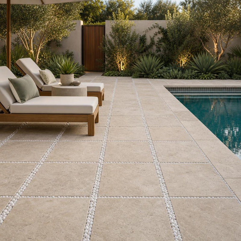 English Walnut Travertine Paver 16x16 Tumbled 1.25 inch — Backyard pool deck
