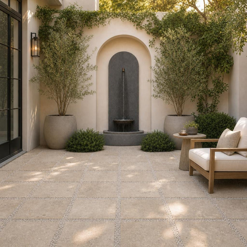 English Walnut Travertine Paver 16x16 Tumbled 1.25 inch — Courtyard paving