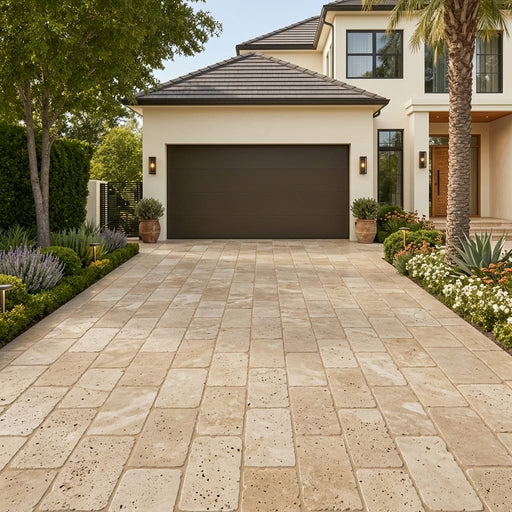 English Walnut Travertine Paver 16x24 Tumbled 1.25 inch — Front Yard driveway