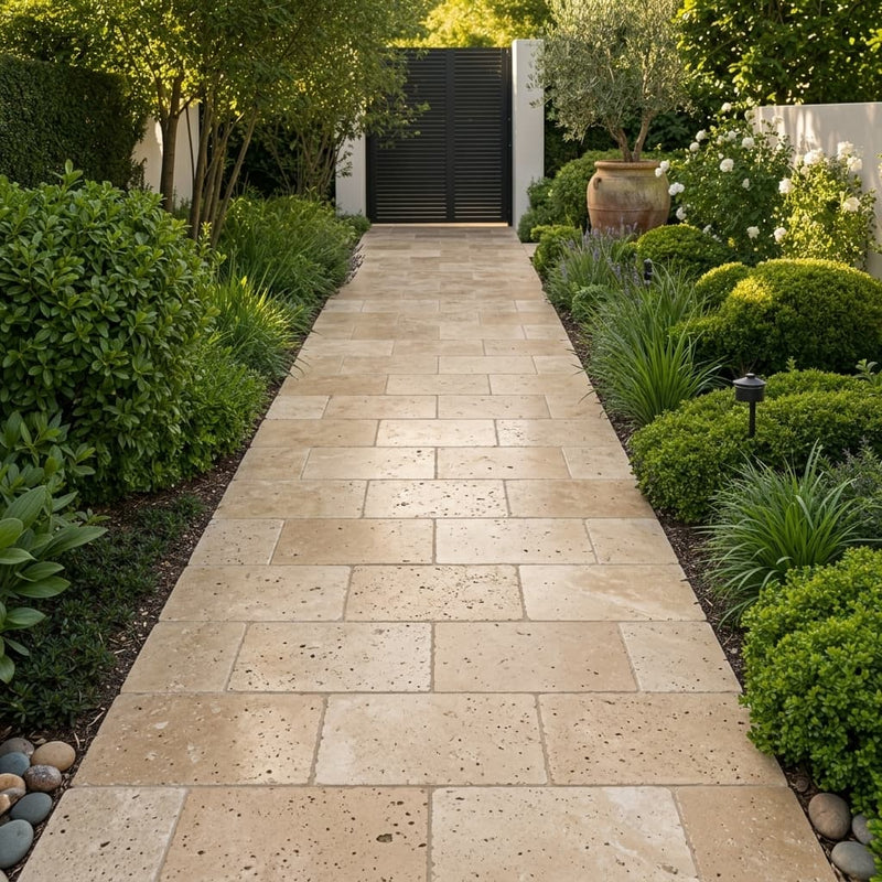 English Walnut Travertine Paver 16x24 Tumbled 1.25 inch — Garden path
