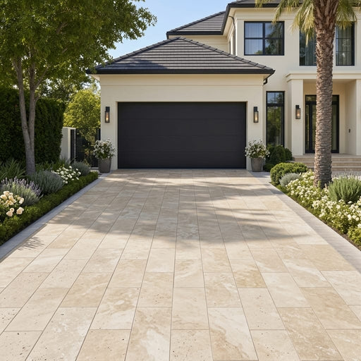 English Walnut Travertine Paver 16x24 Unfilled, Honed 2 inch — Front Yard driveway