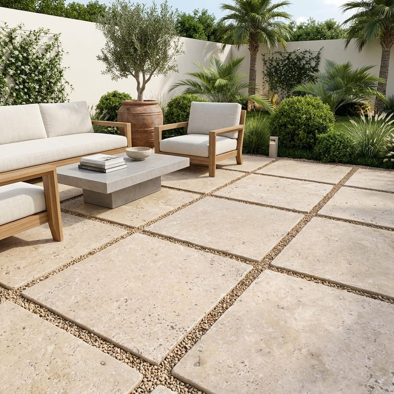 English Walnut Travertine Paver 24x24 Tumbled 1.25 inch — Backyard patio