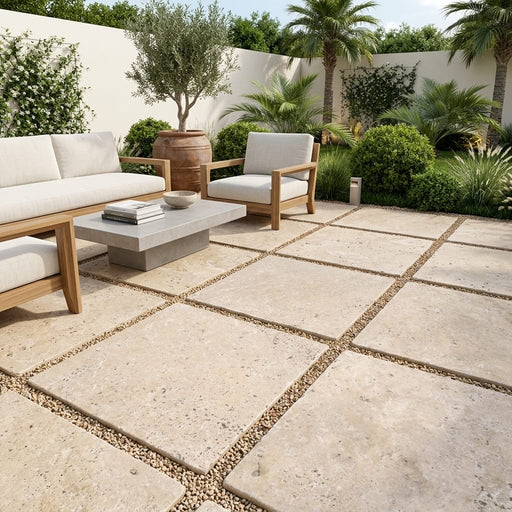English Walnut Travertine Paver 24x24 Tumbled 1.25 inch — Backyard patio