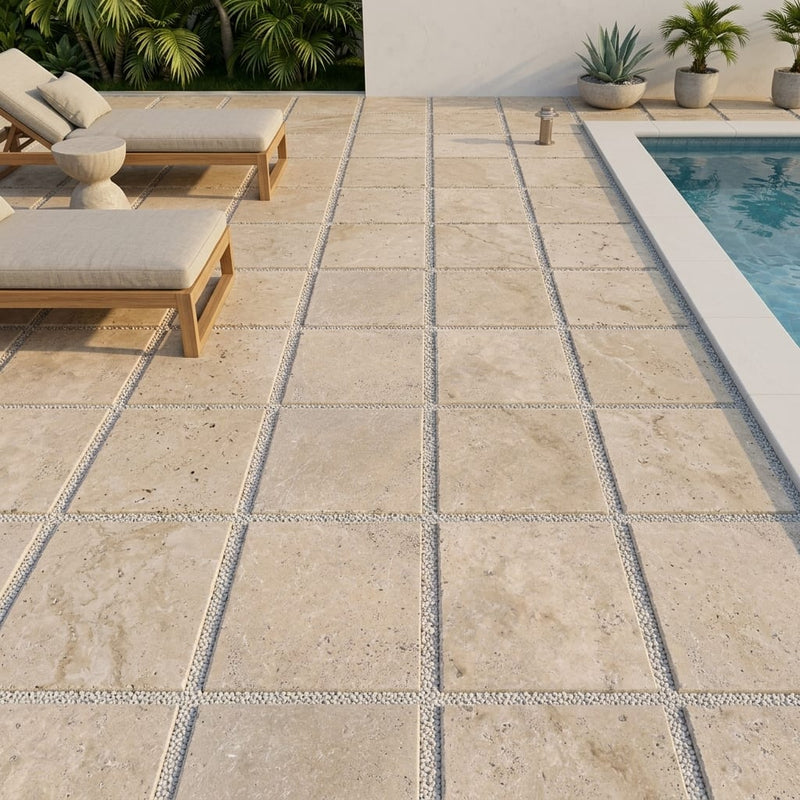 English Walnut Travertine Paver 24x24 Tumbled 1.25 inch — Backyard pool deck