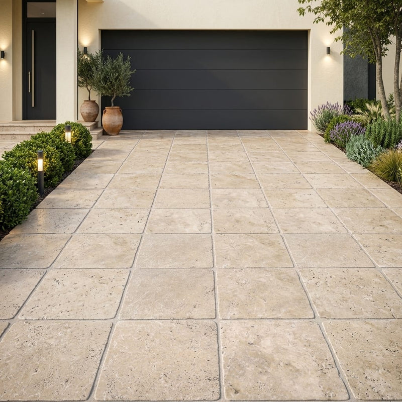 English Walnut Travertine Paver 24x24 Tumbled 1.25 inch — Front Yard driveway