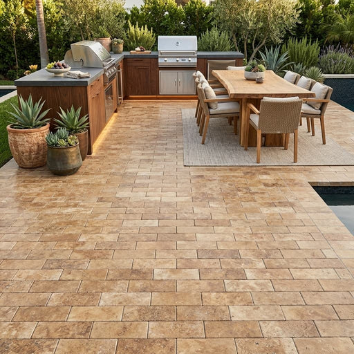 English Walnut Travertine Paver 4x12 Brushed 2 inch — Backyard patio
