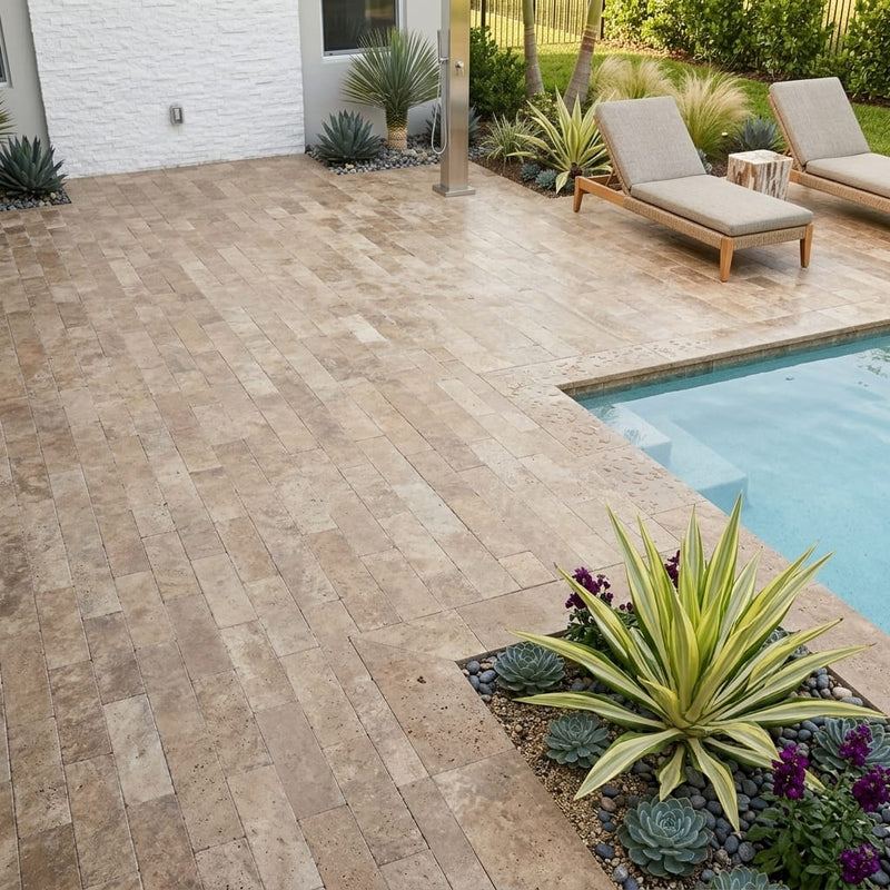 English Walnut Travertine Paver 4x12 Brushed 2 inch — Backyard pool deck