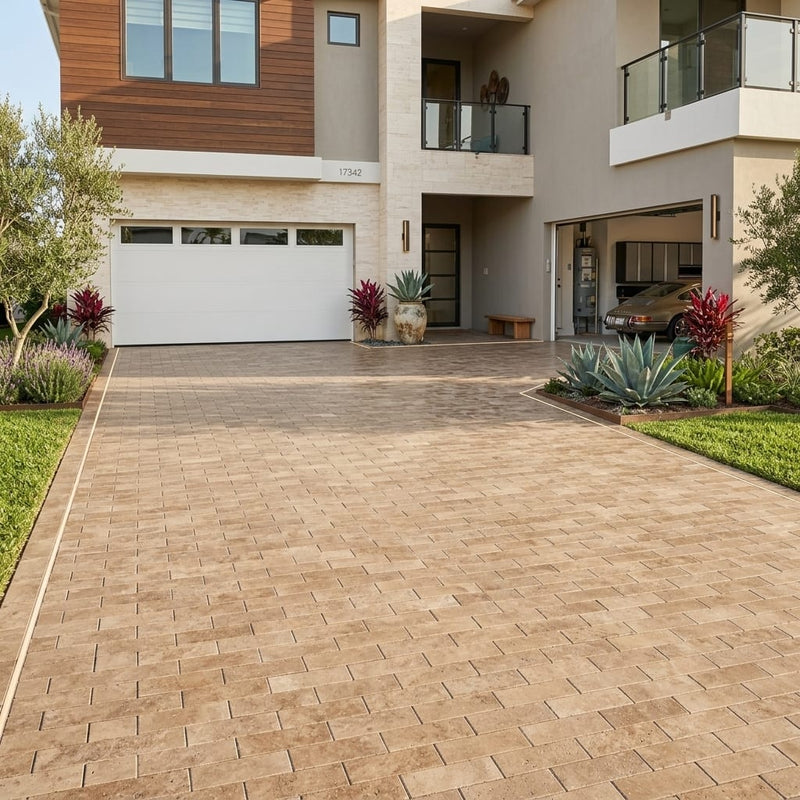 English Walnut Travertine Paver 4x12 Brushed 2 inch — Front Yard driveway