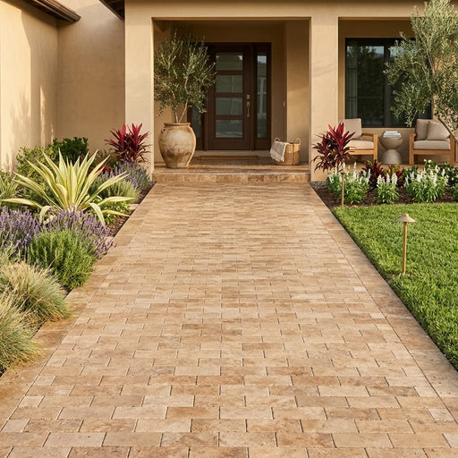English Walnut Travertine Paver 4x12 Brushed 2 inch — Front Yard walkway