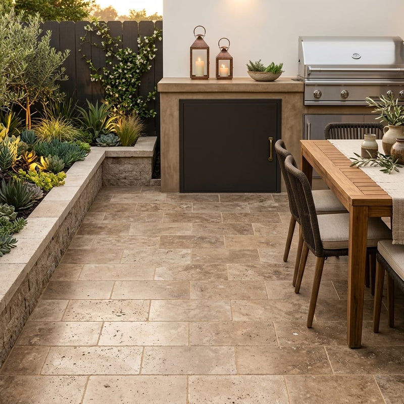 English Walnut Travertine Paver 6x12 Brushed 2 inch — Backyard patio