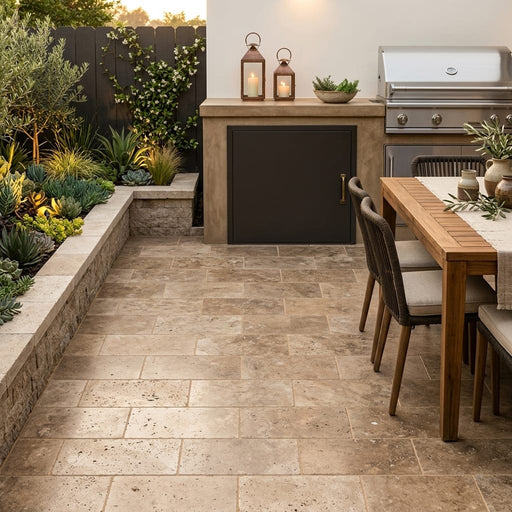English Walnut Travertine Paver 6x12 Brushed 2 inch — Backyard patio