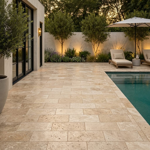 English Walnut Travertine Paver 6x12 Brushed 2 inch — Backyard pool deck