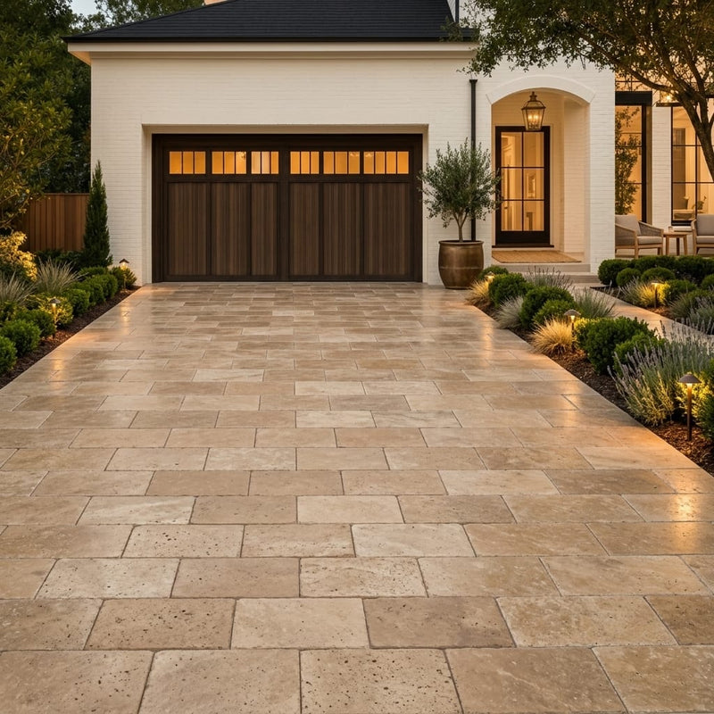 English Walnut Travertine Paver 6x12 Brushed 2 inch — Front Yard driveway